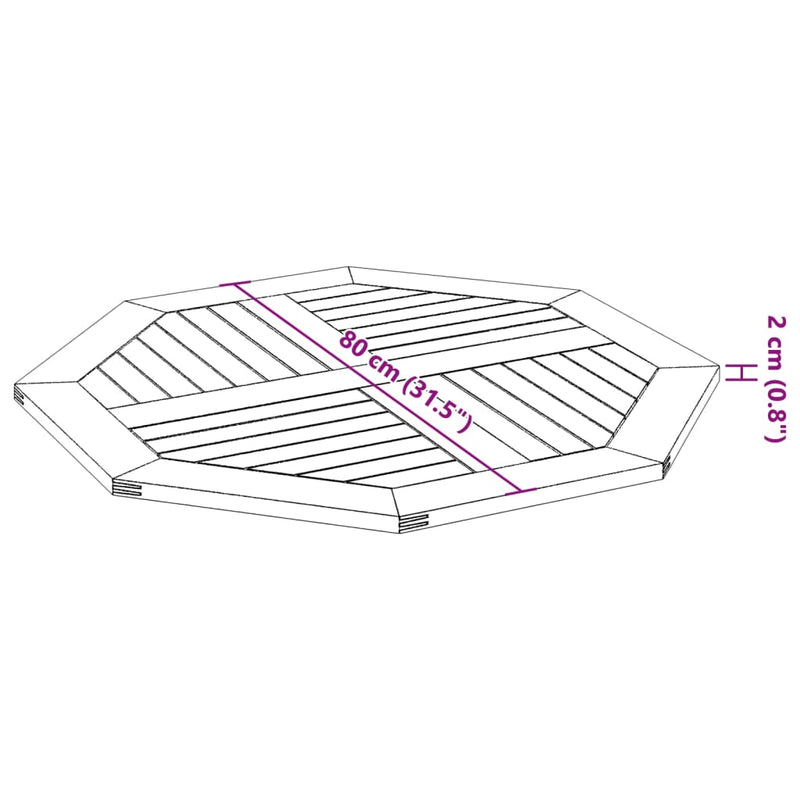 vidaXL tömör akácfa nyolcszögletű asztallap 80 x 80 x 2 cm
