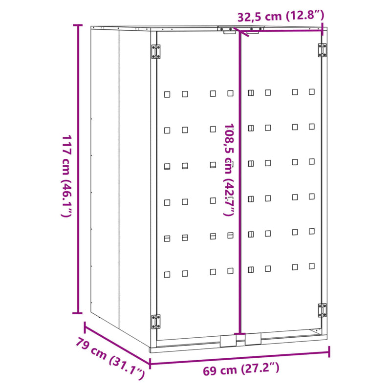 vidaXL fekete acél kerekes tároló 1 szemeteskukához 69 x 79 x 117 cm