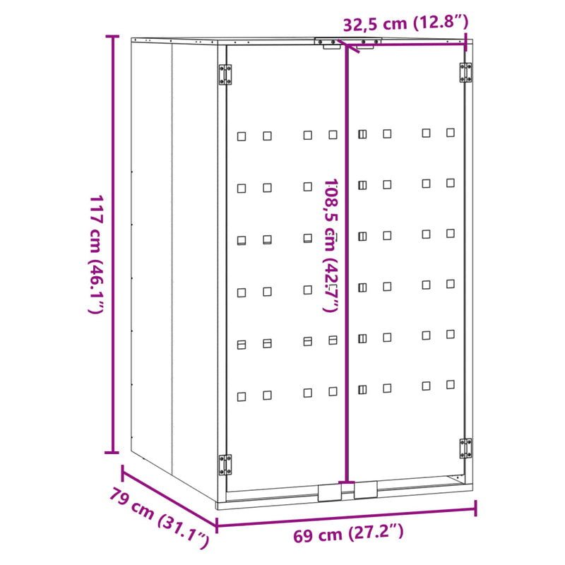 vidaXL szürke acél kerekes tároló 1 szemeteskukához 69 x 79 x 117 cm