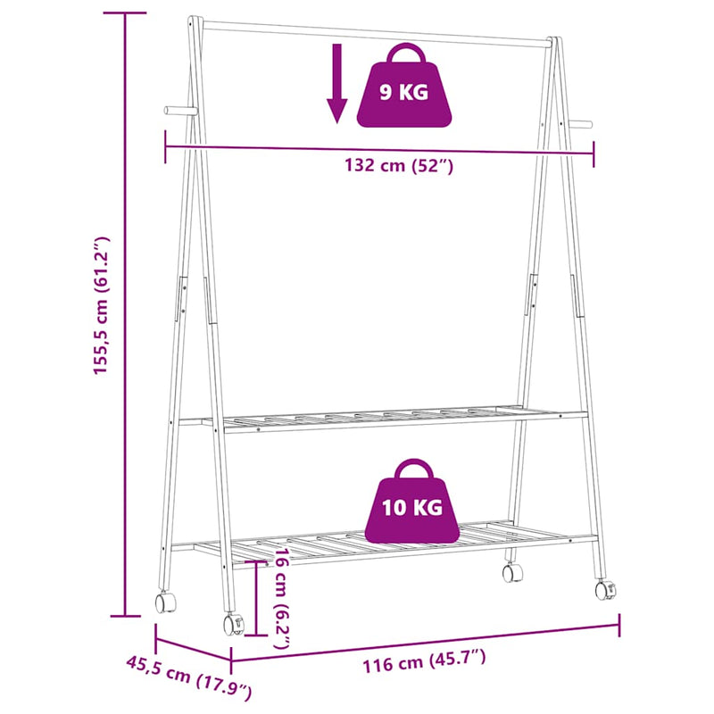 vidaXL bambusz ruhaállvány polcokkal és kerekekkel 132x45,5x155,5 cm