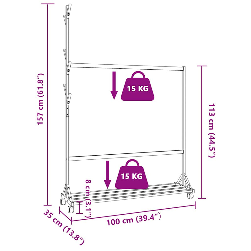 vidaXL Ruhatartó állvány kampókkal kerekekkel 100x35x157 cm bambuszból