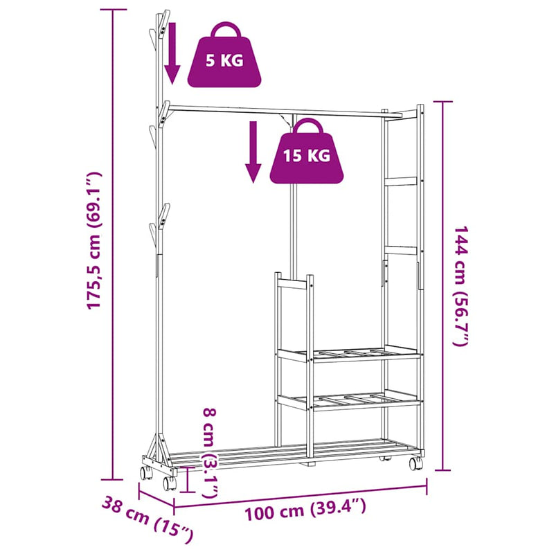 vidaXL bambusz ruhaállvány polcokkal és kerekekkel 100x38x175,5 cm