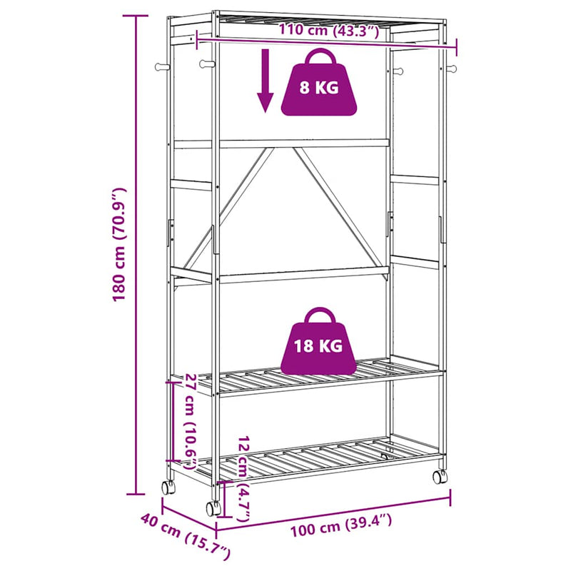 vidaXL bambusz ruhaállvány polcokkal és kerekekkel 110x40x180 cm