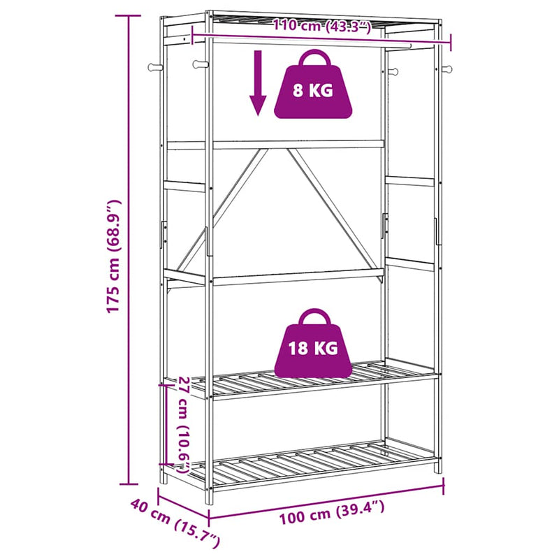 vidaXL bambusz ruhaállvány polcokkal 110x40x175 cm