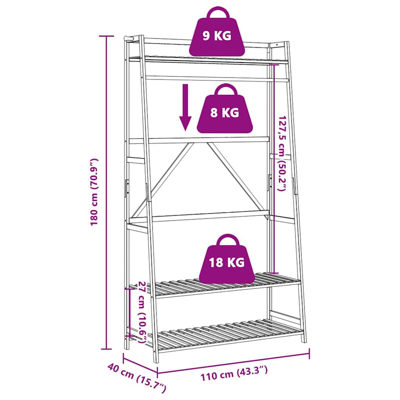 vidaXL bambusz ruhaállvány polcokkal 110x40x180 cm