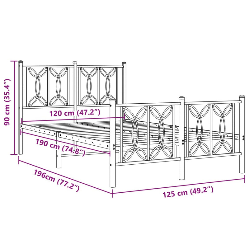 vidaXL fekete fém ágykeret fej- és lábtámlával 120 x 190 cm