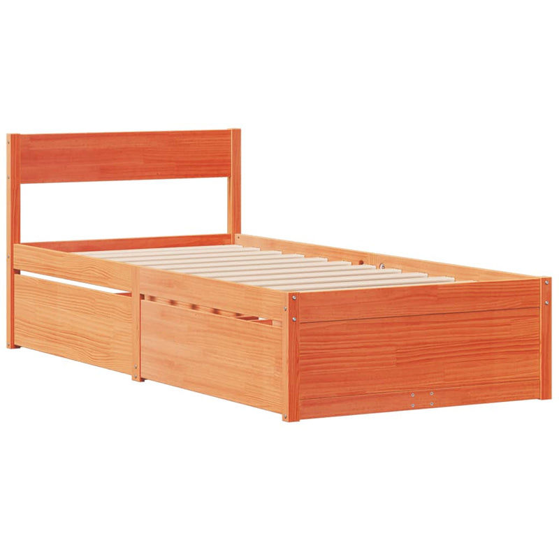 vidaXL viaszbarna tömör fenyőfa ágy fiókokkal és matraccal 90 x 190 cm