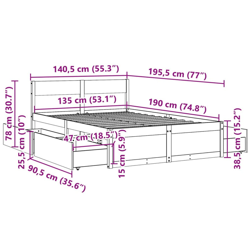 vidaXL viaszbarna tömör fenyőfa ágy matrac nélkül 135 x 190 cm