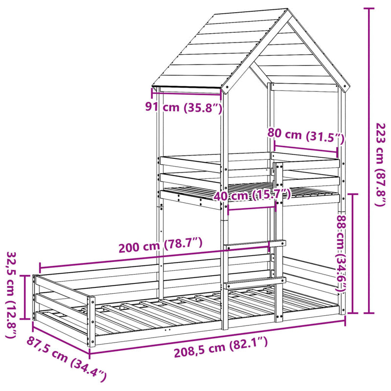 vidaXL tömör fenyőfa ágy emelettel és tetővel 80 x 200 cm