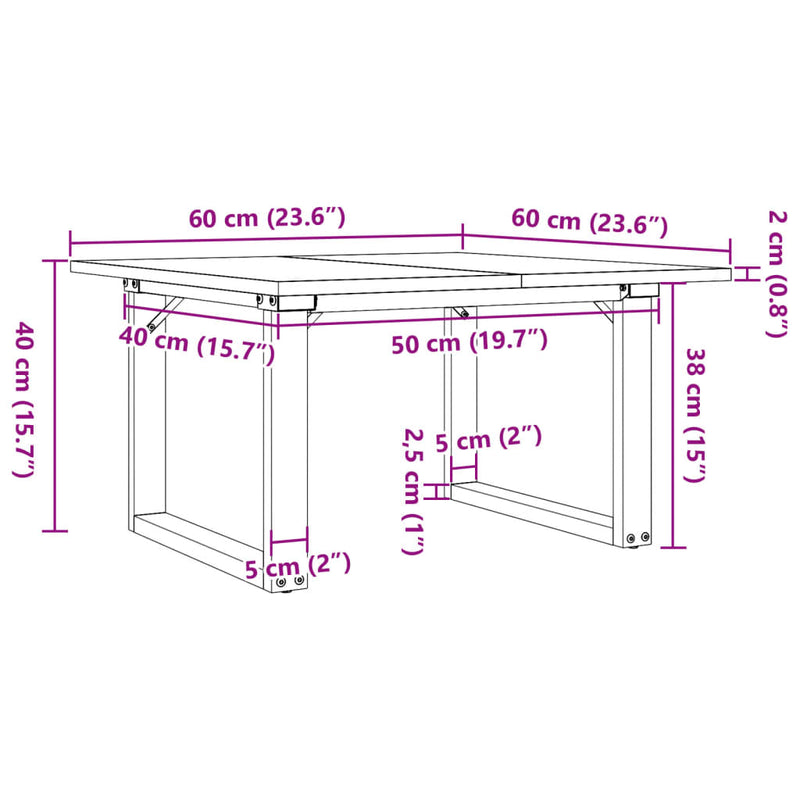 vidaXL tömör fenyőfa és acél dohányzóasztal O-vázzal 60x60x40 cm
