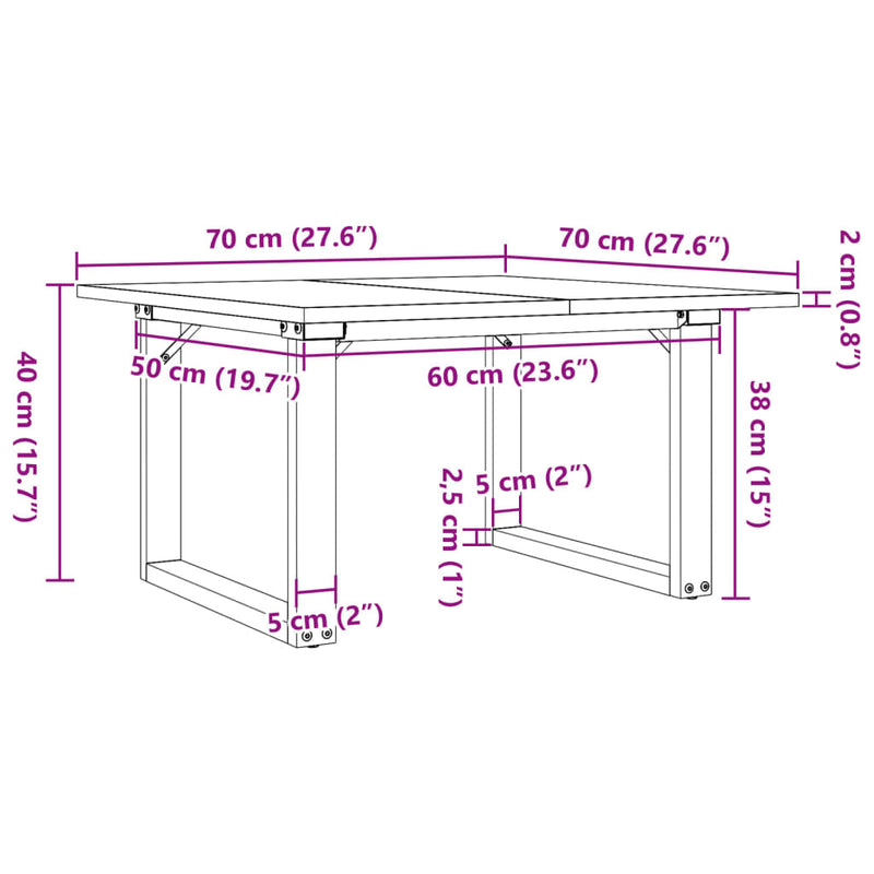 vidaXL tömör fenyőfa és acél dohányzóasztal O-vázzal 70x70x40 cm