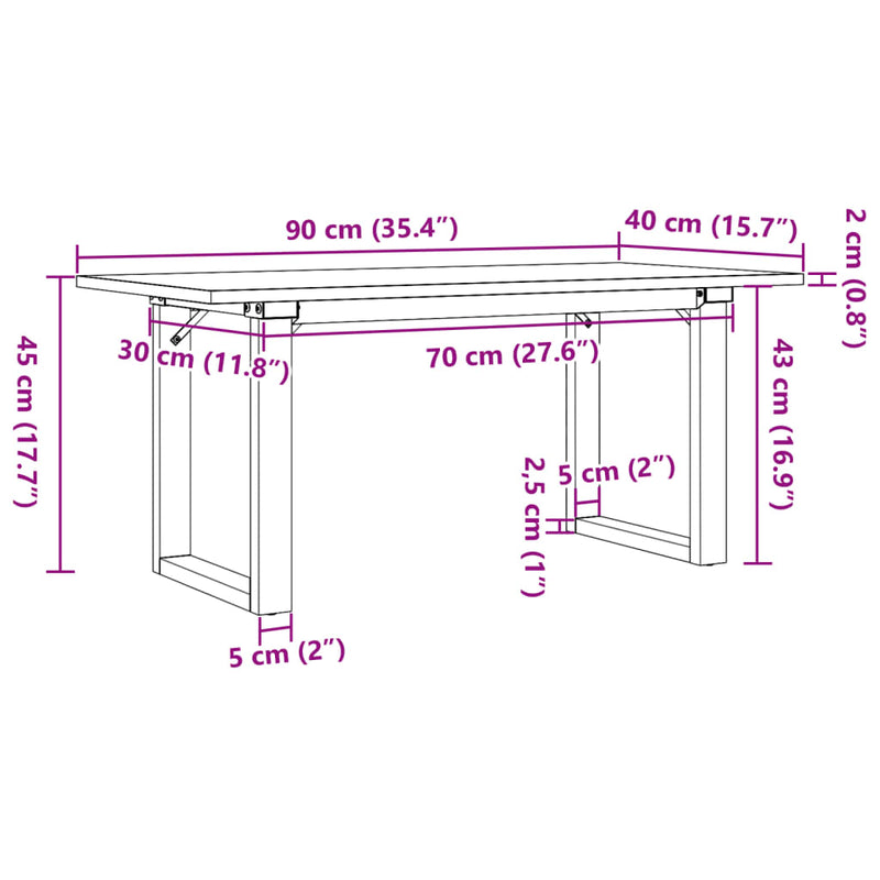 vidaXL tömör fenyőfa és acél dohányzóasztal O-vázzal 90x40x45 cm