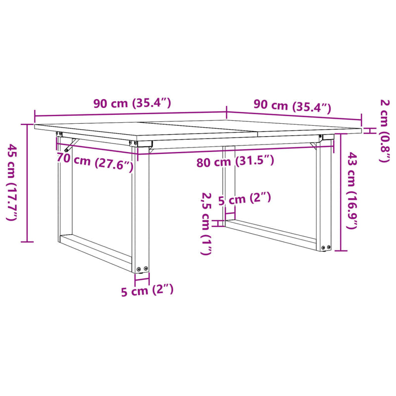 vidaXL tömör fenyőfa és acél dohányzóasztal O-vázzal 90x90x45 cm