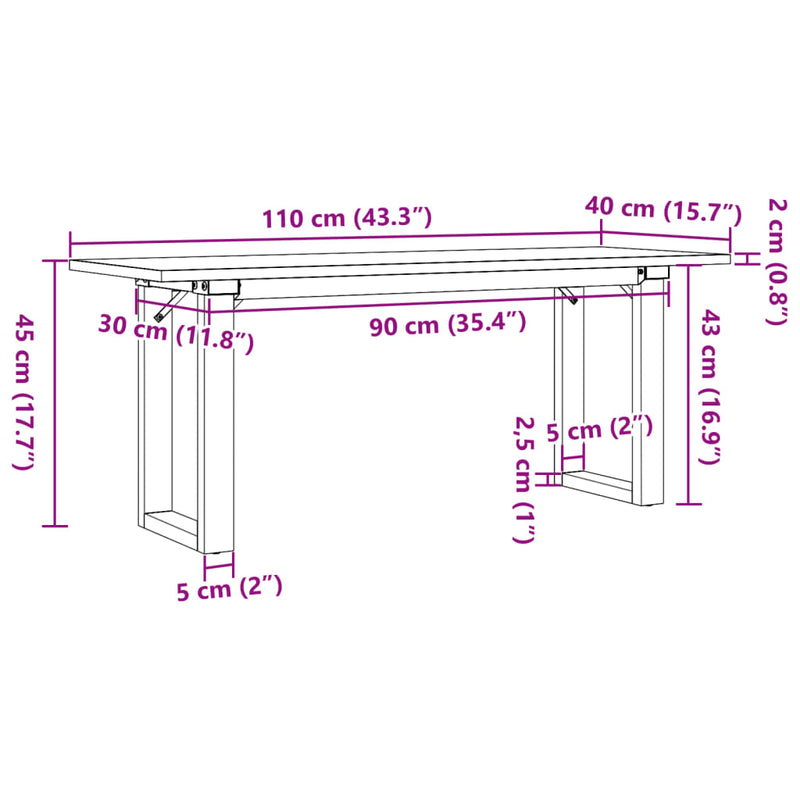 vidaXL tömör fenyőfa és acél dohányzóasztal O-vázzal 110x40x45 cm