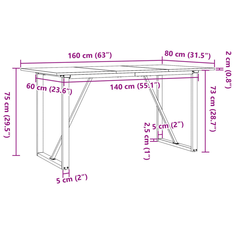vidaXL tömör fenyőfa és acél étkezőasztal O-vázzal 160x80x75 cm