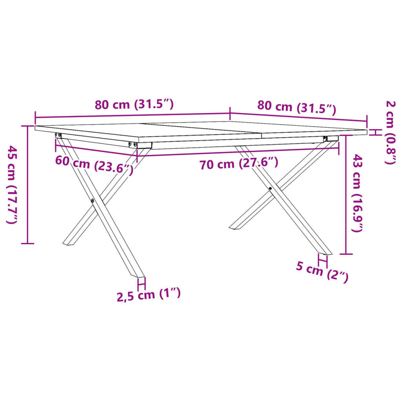 vidaXL tömör fenyőfa és acél dohányzóasztal X-vázzal 80x80x45 cm