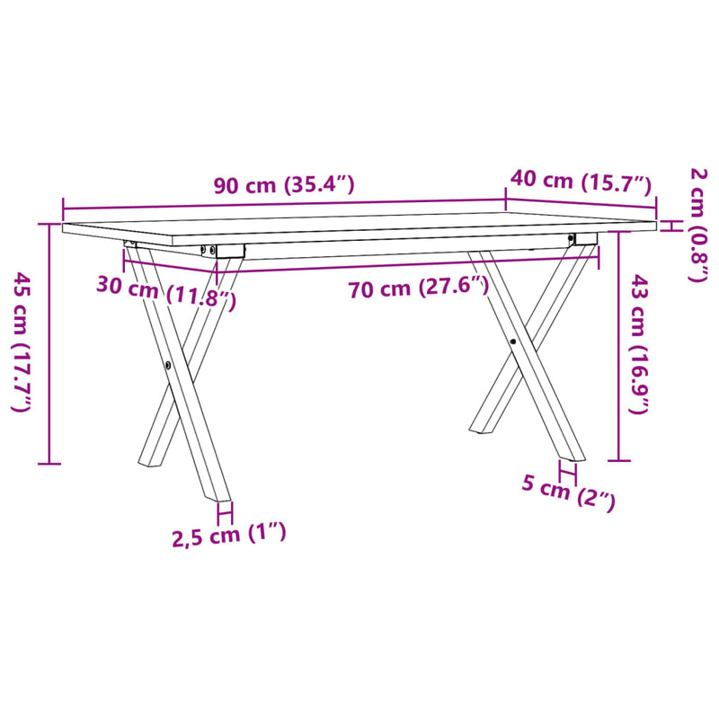 vidaXL tömör fenyőfa és acél dohányzóasztal X-vázzal 90x40x45 cm
