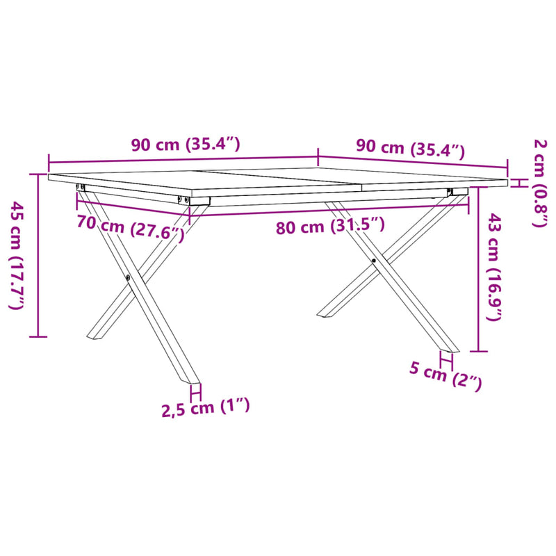 vidaXL tömör fenyőfa és acél dohányzóasztal X-vázzal 90x40x45 cm