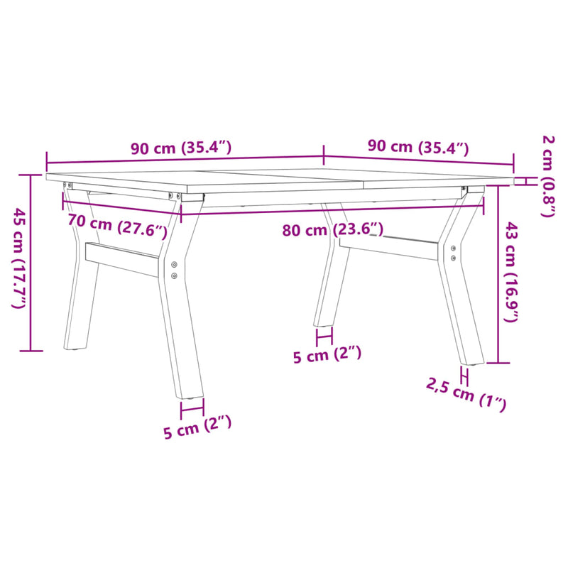 vidaXL tömör fenyőfa és acél dohányzóasztal Y-vázzal 90x90x45 cm