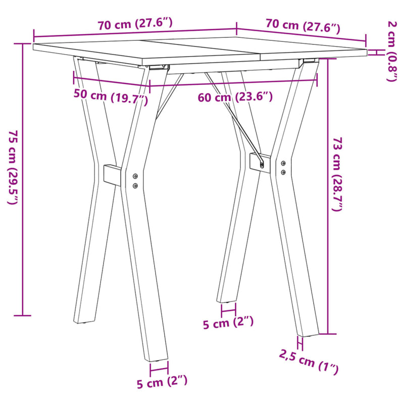 vidaXL tömör fenyőfa és acél étkezőasztal Y-vázzal 70x70x75 cm