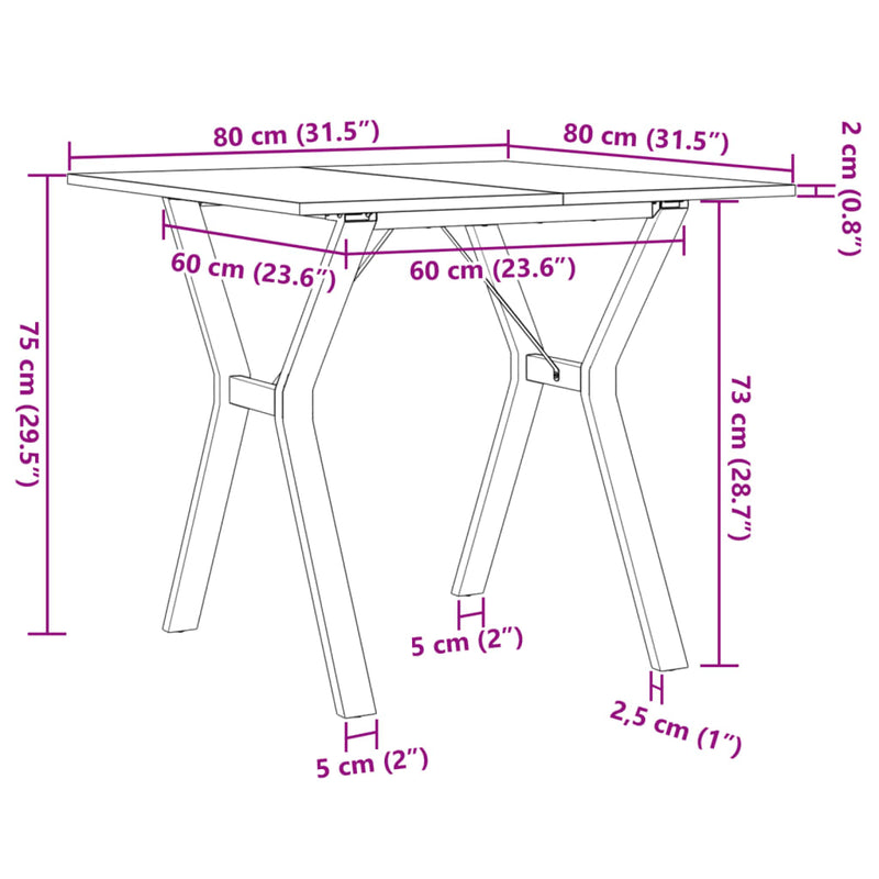 vidaXL tömör fenyőfa és acél étkezőasztal Y-vázzal 80x80x75 cm