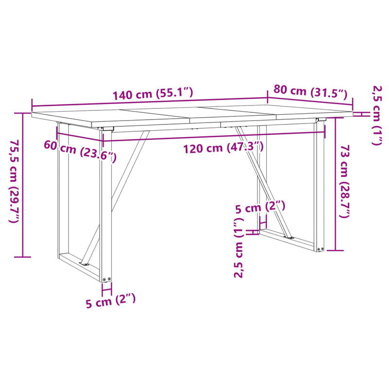 vidaXL tömör fenyőfa és acél étkezőasztal O-vázzal 140x80x75,5 cm