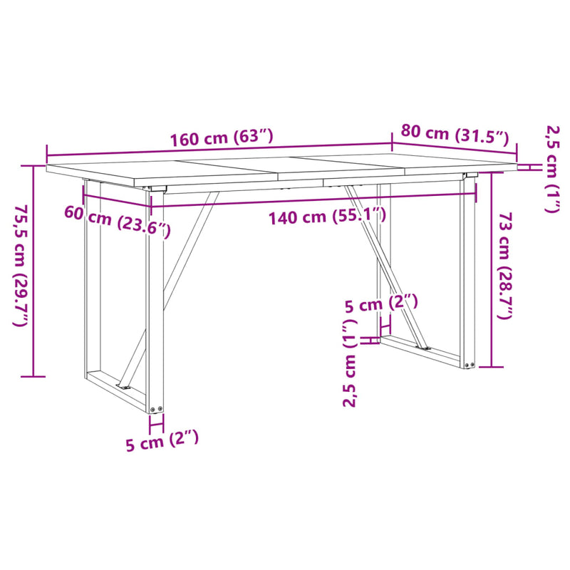 vidaXL tömör fenyőfa és acél étkezőasztal O-vázzal 160x80x75,5 cm