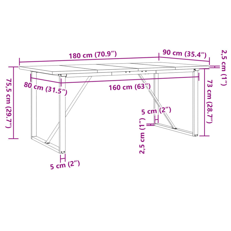 vidaXL tömör fenyőfa és acél étkezőasztal O-vázzal 180x90x75,5 cm