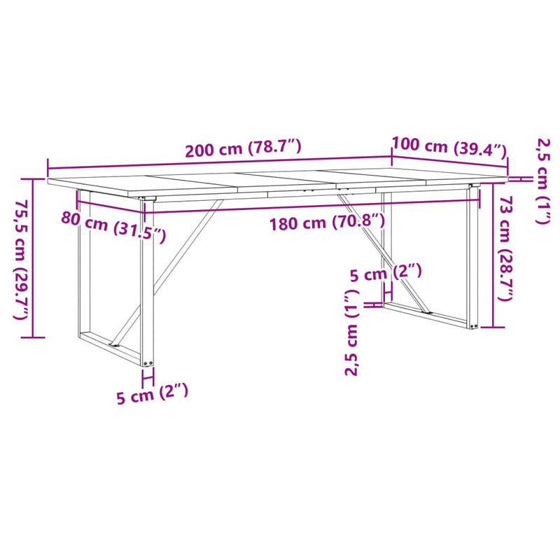 vidaXL tömör fenyőfa és acél O-vázú étkezőasztal 200x100x75,5 cm