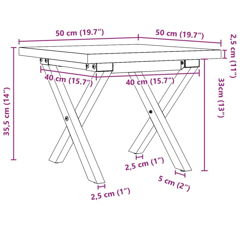 vidaXL tömör fenyőfa és öntöttvas X-vázú dohányzóasztal 50x50x35,5 cm