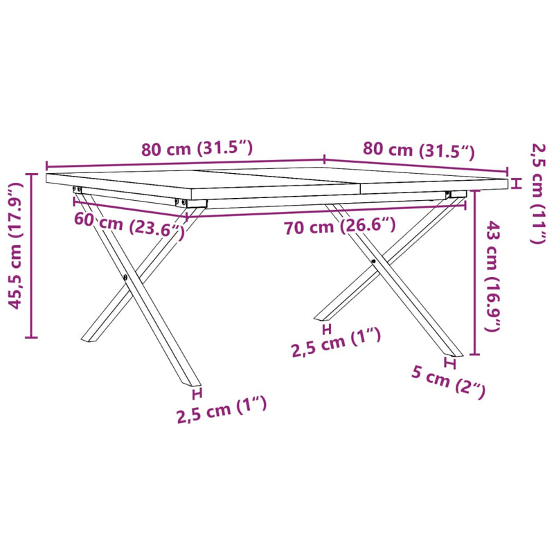 vidaXL tömör fenyőfa és acél X-vázú dohányzóasztal 80x80x45,5 cm