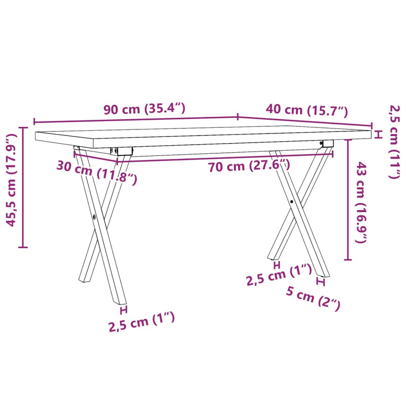 vidaXL tömör fenyőfa és acél X-vázú dohányzóasztal 90x40x45,5 cm