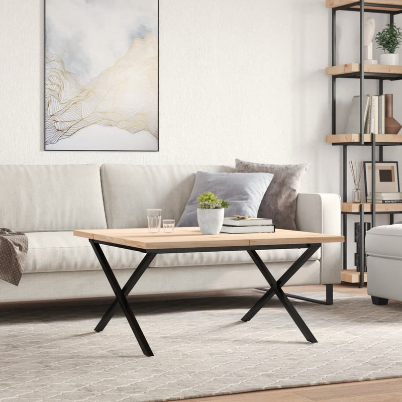 vidaXL tömör fenyőfa és acél X-vázú dohányzóasztal 90x90x45,5 cm