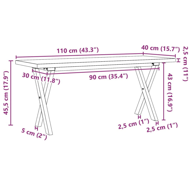 vidaXL tömör fenyőfa és acél X-vázú dohányzóasztal 110x40x45,5 cm