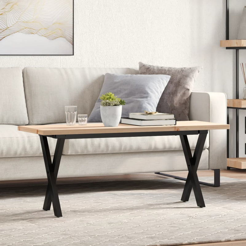 vidaXL tömör fenyőfa és acél X-vázú dohányzóasztal 110x40x45,5 cm