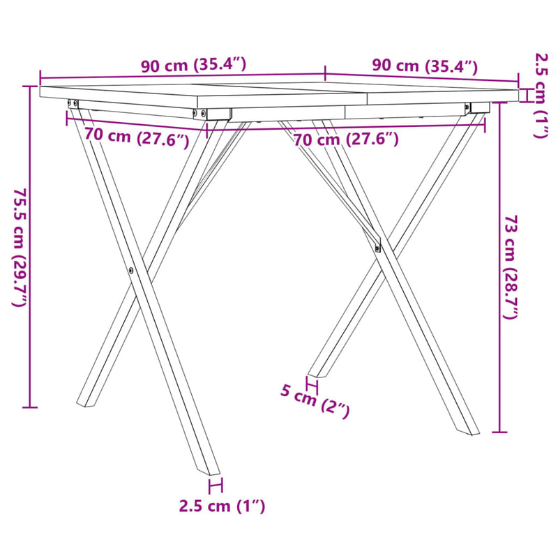 vidaXL tömör fenyőfa és acél étkezőasztal X-vázzal 90x90x75,5 cm