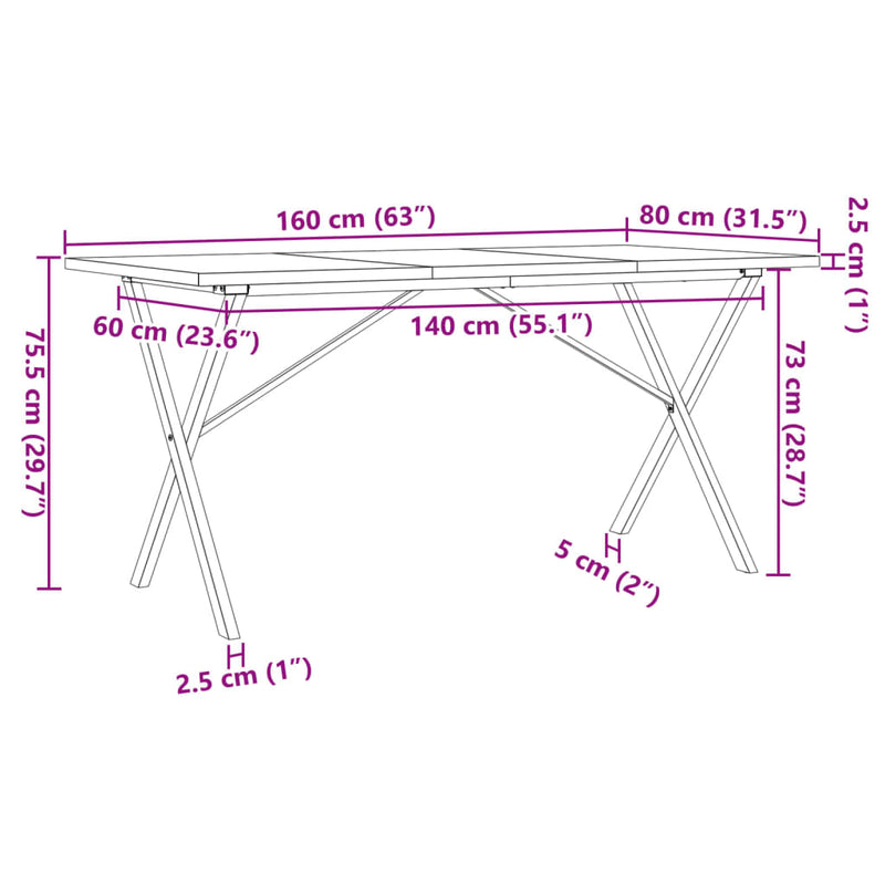 vidaXL tömör fenyőfa és öntöttvas étkezőasztal X-vázzal 160x80x75,5 cm