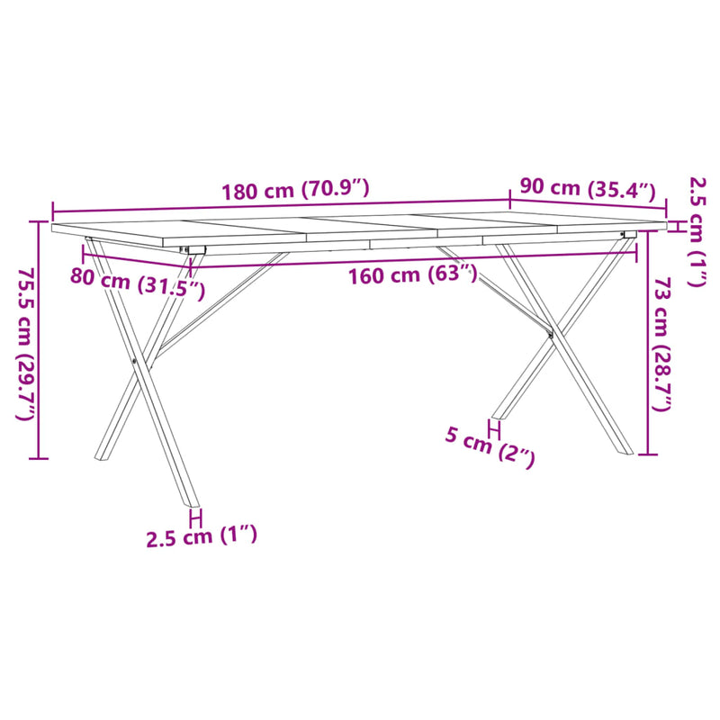 vidaXL tömör fenyőfa és öntöttvas étkezőasztal X-vázzal 180x90x75,5 cm