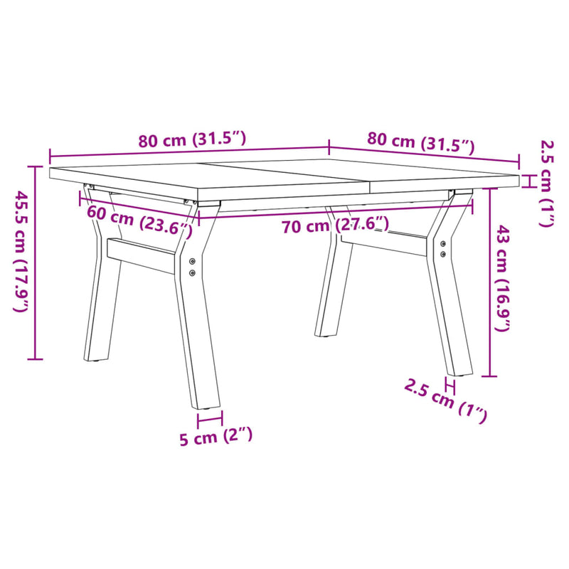 vidaXL tömör fenyőfa és acél Y-vázú dohányzóasztal 80x80x45,5 cm