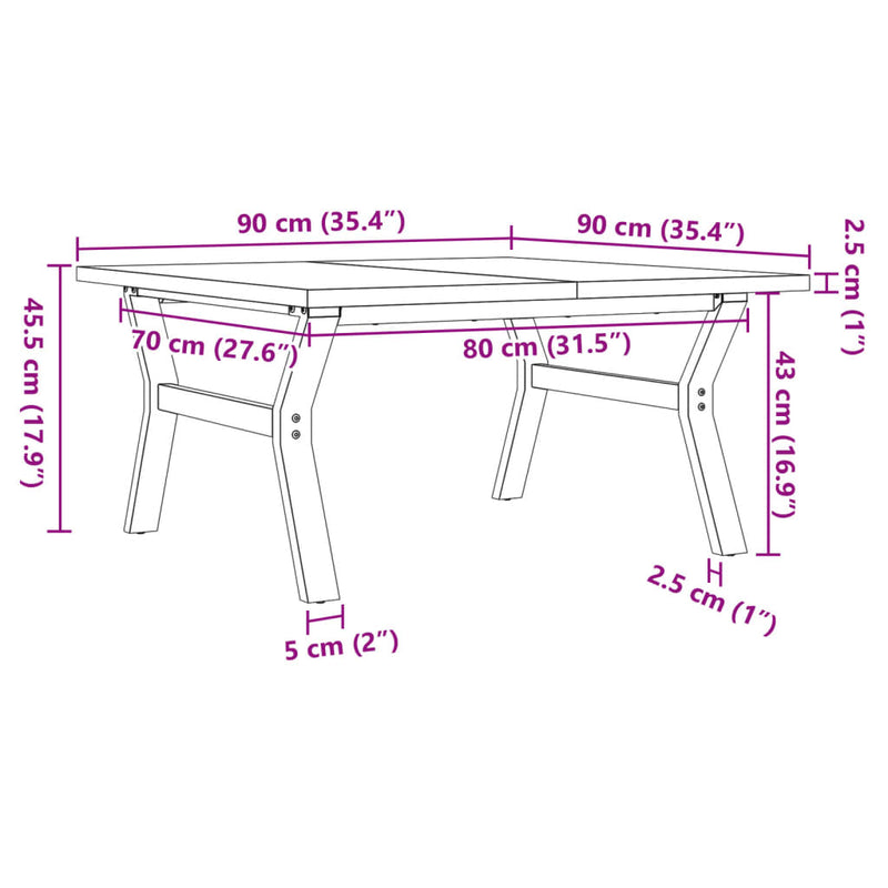 vidaXL tömör fenyőfa és acél Y-vázú dohányzóasztal 90x90x45,5 cm