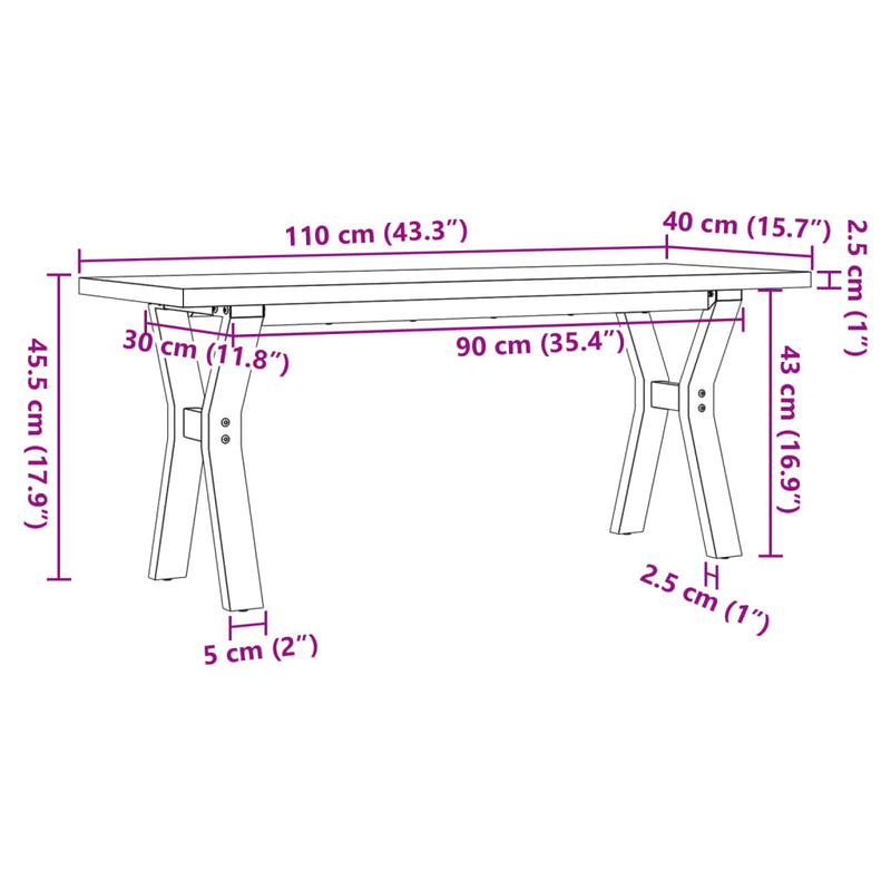 vidaXL tömör fenyőfa és acél Y-vázú dohányzóasztal 110x40x45,5 cm