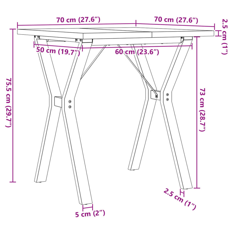 vidaXL tömör fenyőfa és acél étkezőasztal Y-vázzal 70x70x75,5 cm