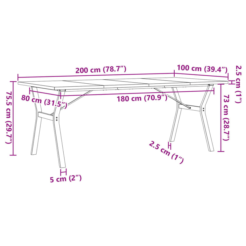 vidaXL tömör fenyőfa és acél Y-vázú étkezőasztal 200x100x75,5 cm