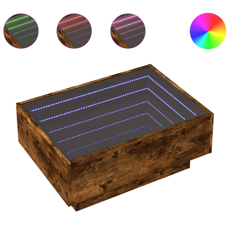vidaXL füstös tölgy szerelt fa dohányzóasztal LED-del 70 x 50 x 30 cm