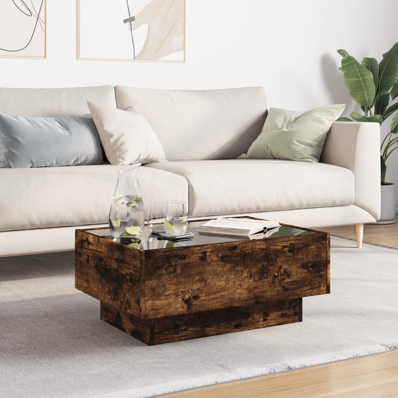 vidaXL füstös tölgy szerelt fa dohányzóasztal LED-del 70 x 50 x 30 cm