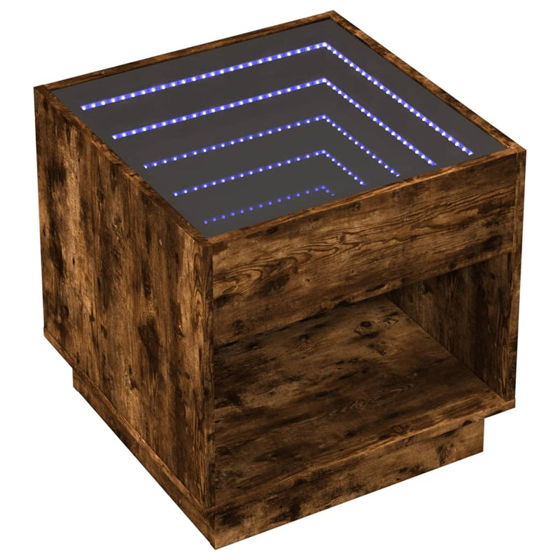 vidaXL füstös tölgy végtelen hatású LED-es dohányzóasztal 50x50x50 cm