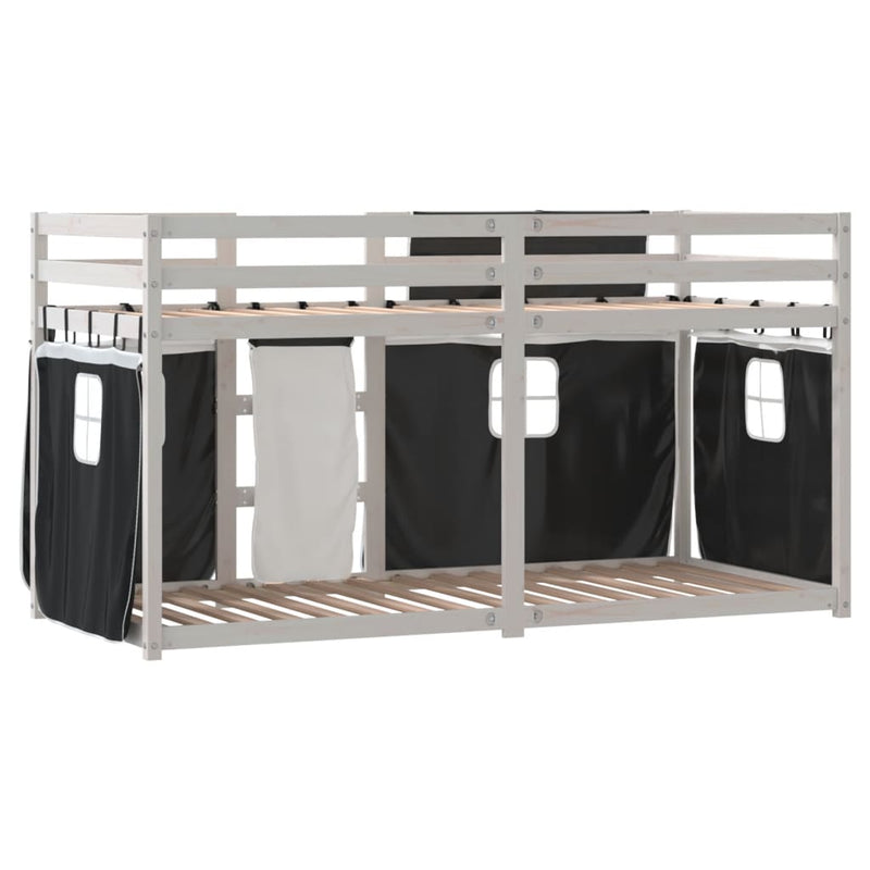vidaXL fehér/fekete tömör fenyőfa emeletes ágy függönyökkel 80x200 cm