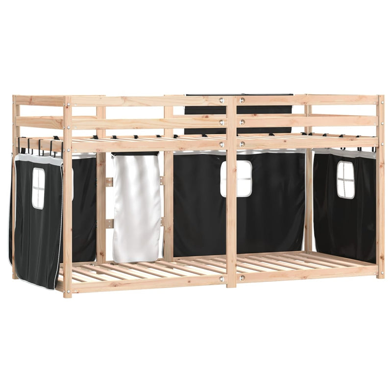 vidaXL fehér/fekete tömör fenyőfa emeletes ágy függönyökkel 90x200 cm