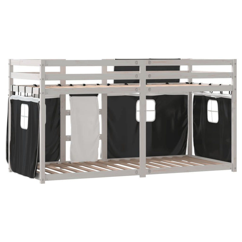 vidaXL fehér/fekete tömör fenyőfa emeletes ágy függönyökkel 90x200 cm