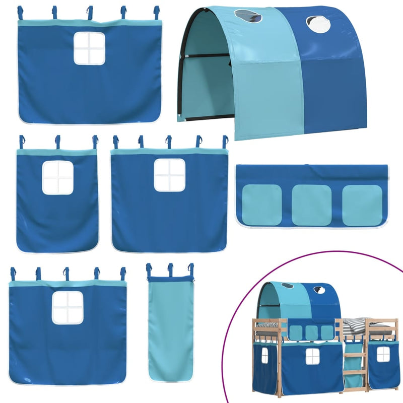 vidaXL kék tömör fenyőfa emeletes ágy függönyökkel 75 x 190 cm